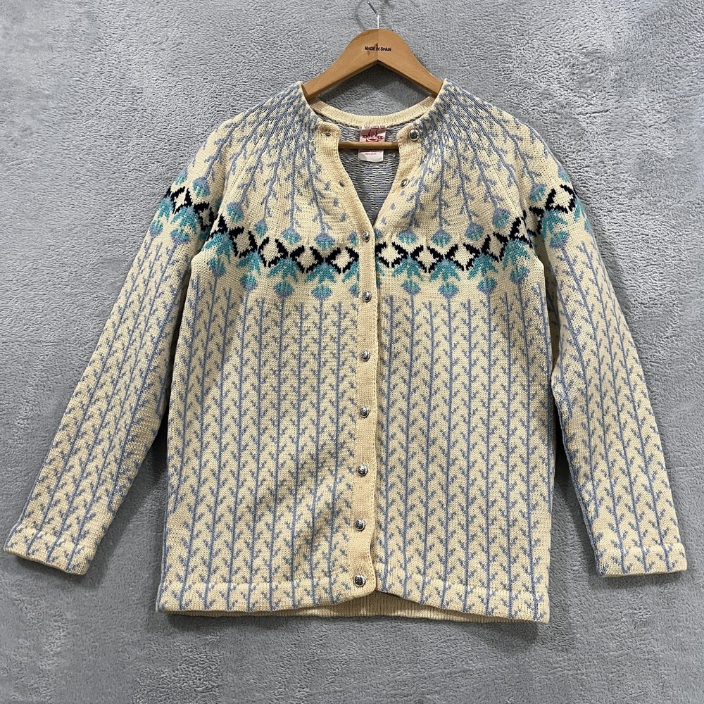 Vintage CJ Viking Women Cardigan M Hand-Knit Wool Fair Isle Scandinavian Denmark